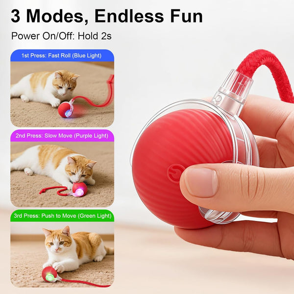 Smart Interactive Automatic Electric Rolling Moving Rechargeable Motion Activated Self Play Electronic Stimulation Chase Teaser Ball Toy with Rope for Indoor Bored Adult Cat and Dog, Red3