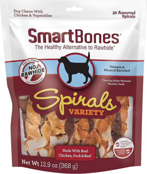 Smartbones Spirals Rawhide-Free Dog Treats Variety Pack, 32 Count | with Real Chicken, Beef & Pork, Easy to Digest Chew, Vitamin & Mineral Enriched, Helps Maintain Healthy Teeth, for Adult Dogs1