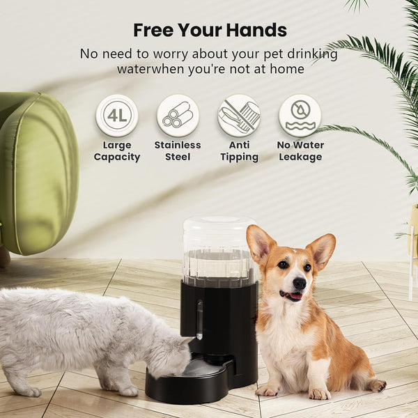 CZPET Automatic 4L/135Oz/1Gal Cat Water Dispenser with Stainless Steel Bowl, Gravity Waterer for Small Medium Dog Puppy Kitten (Black) | with Stainless Steel Bowl, Gravity Waterer for Small Medium Dog Puppy Kitten2