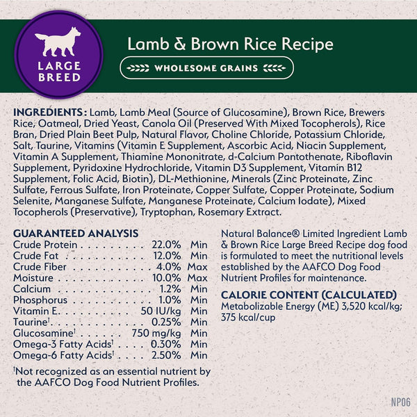 Natural Balance Limited Ingredient Large Breed Dry Dog Food - Complete Nutrition for Large Breeds - Wholesome Grains Brown Rice Recipe - Limited Ingredient Formula - 26 Lb - Lamb & Brown Rice9