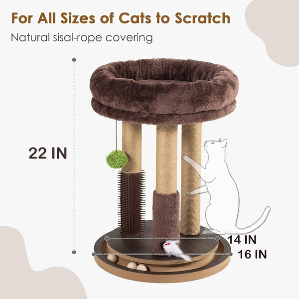 22 Inch Heavy-Duty Cat Scratching Post with Cozy Plush Bed, 3 Sisal Scratching Posts, Interactive Cat Scratcher with Grooming Brush, Hanging Pom-Pom, Track Balls & Mouse Toy for Indoor Cats2