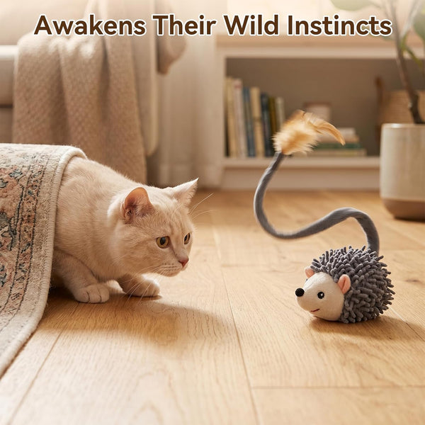 Migipaws Interactive Hedgehog Cat Toy 360° Rolling & Spin with Soft Plush Tail for Indoor Cats Smart Motion Sensor, Realistic Squeak, Rechargeable Plush Kitten Toy (Grey)3