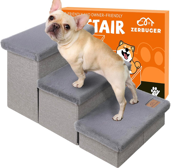 Zerbuger Wider Dog Ramp for High Bed with Storage 18" H, Foldable Dog Stairs for Small Medium Large Older Senior Animal, Sturdy Dog Step for Climbing Bed or Couch, Arthritis-Friendly (Gray, No Condo)10