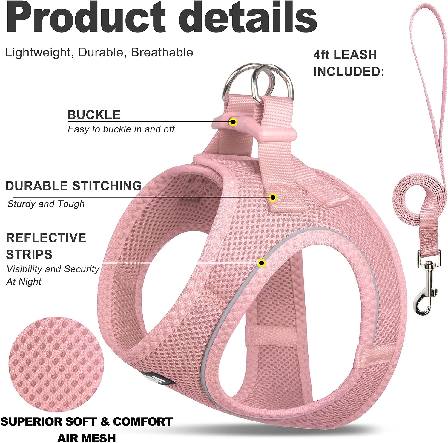 fida-cat-harness-and-leash-set-for-walking-kitten-and-puppy-escape-proof-kitten-harness-with-breathable-lightweight-soft-mesh-adjustable-reflective-step-in-design-xxxs-pink
