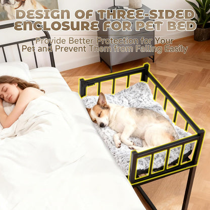 Beside Dog Bed and Mattress Set - Metal Three-Sided Fence Pet Dogs Bed Frame, Adjustable Height Dogs Bed Extension Attachment for Human Bed, for Small/Medium Puppy(25.5''L X 17.7''W)3