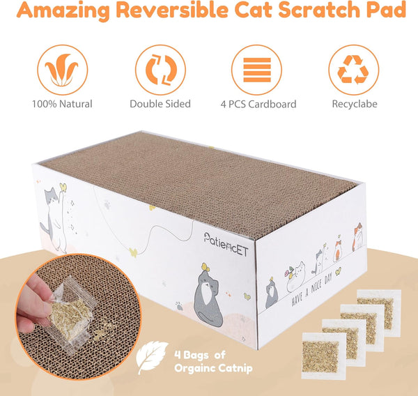 Patiencet Cat Scratch Pad with Box, 4 Pack Cardboard Cat Scratcher Lounge Bed for Indoor Cats, Reversible Corrugated Scratching Board Refill with Catnip2