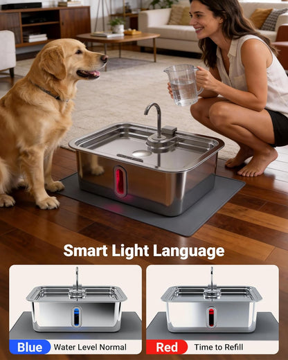 12L/3.17Gal Dog Water Fountain with Silicone Mat & 3 Filters, Stainless Steel Multi Pet Water Dispenser, Quiet Automatic Dog Water Bowl Dispenser with Visible Window & Alert Light for Large Dogs Cats6