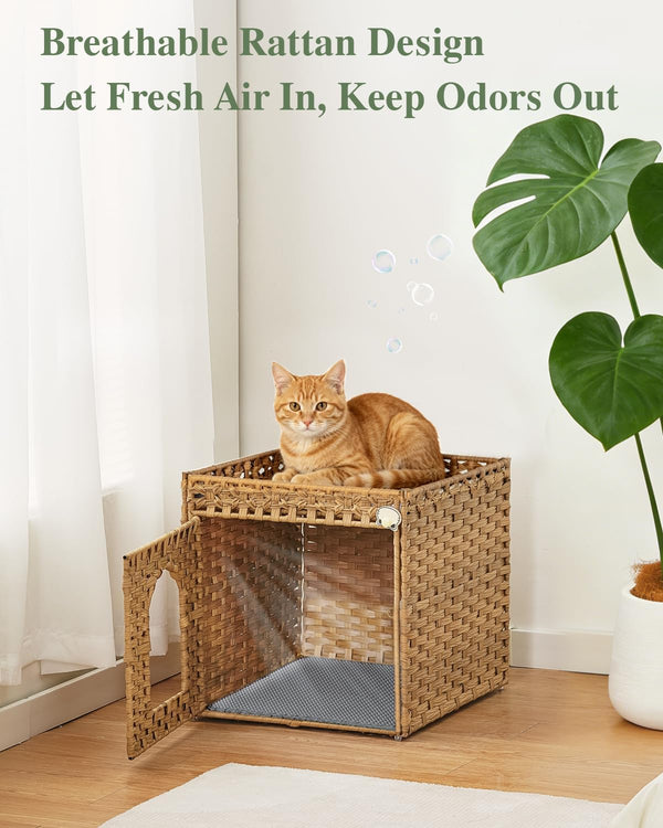 SETVSON Cat Litter Box Enclosure Furniture, Hidden Litter Box with Mat and Fence, Handwoven Rattan Cat House with Two S-Shaped Hooks for Living Room, Bedroom, 18.5 X 20.5 X 19.1 Inches (Natural)3