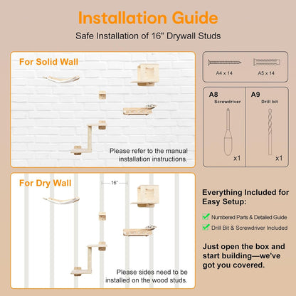 8-In-1 Cat Wall Shelves for Large Cats, Wall Mounted Cat Furniture with Feeding Station&Extra Wide Hammock, Heavy Duty Cat Climber for Indoor Cats to Sleep Play & Eat, 44Lbs Capacity, Wood8