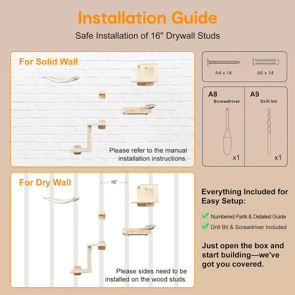 8-In-1 Cat Wall Shelves for Large Cats, Wall Mounted Cat Furniture with Feeding Station&Extra Wide Hammock, Heavy Duty Cat Climber for Indoor Cats to Sleep Play & Eat, 44Lbs Capacity, Wood8