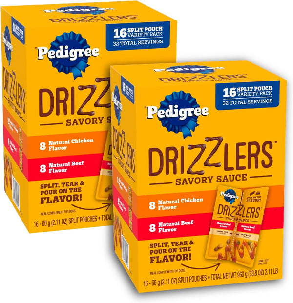 Pedigree Drizzlers Savory Sauce Wet Dog Pouch, Multipack, 16 Count, 2-Pack | Chicken & Beef Flavors, 4 Calories per Serving, 8 Ingredients, Dual-Serving Split Pouch, Maintains Kibble Crunch1