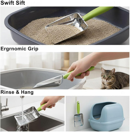 Cat Litter Shovel, Green, 430 Stainless Steel Metal Scooper with 5 Mm Fine Holes, 10.2 X 5.2 X 1.2 In, Non-Slip Pp Handle for Easy Cleaning & Storage5