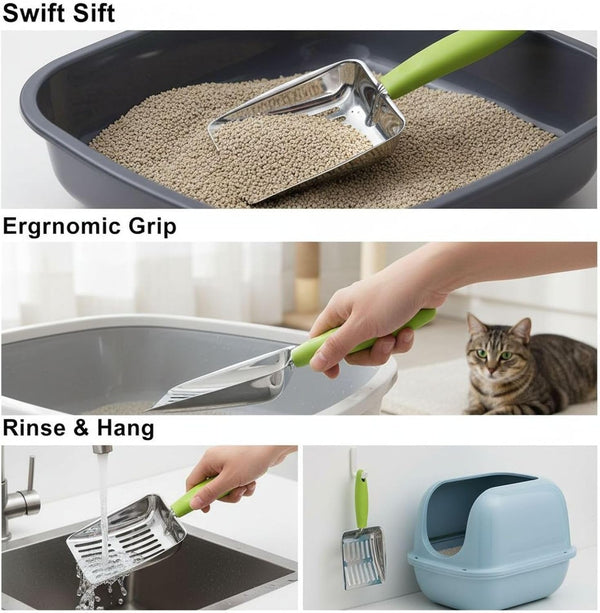 Cat Litter Shovel, Green, 430 Stainless Steel Metal Scooper with 5 Mm Fine Holes, 10.2 X 5.2 X 1.2 In, Non-Slip Pp Handle for Easy Cleaning & Storage5
