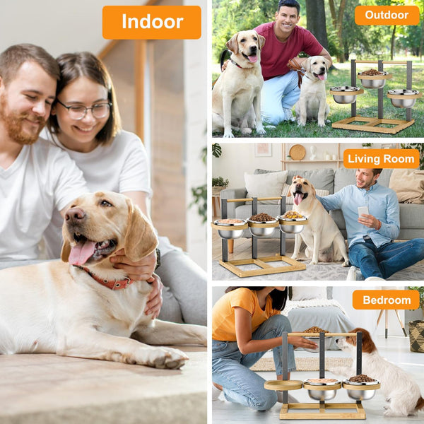 Elevated Dog Bowl,Bamboo Raised Dog Bowl,5-Height | Adjustable Dogs Food Bowls Stand,Dog Feeding Station with 3 Food and Water Bowls for Medium,Large Dogs4