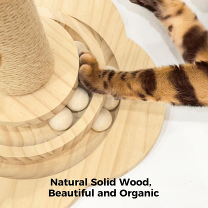 TINYBEAST Wooden Cat Scratching Post Fot Kittens, 4 in 1 Cat Scratcher Toy with Cat Ball Tracks, 18" Tall Sisal Scratch Post for Indoor Kittens, Interactive Feather Toy and 2 Sisal Hanging Balls3