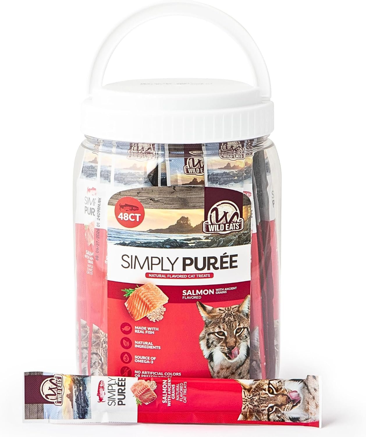 wild-eats-simply-puree-variety-pack-cat-treats-tub-48-servings-grain-free-all-natural-high-protein-recipe-no-artificial-additives-smooth-lickable-texture-easy-individual-portions-for-happy-felines