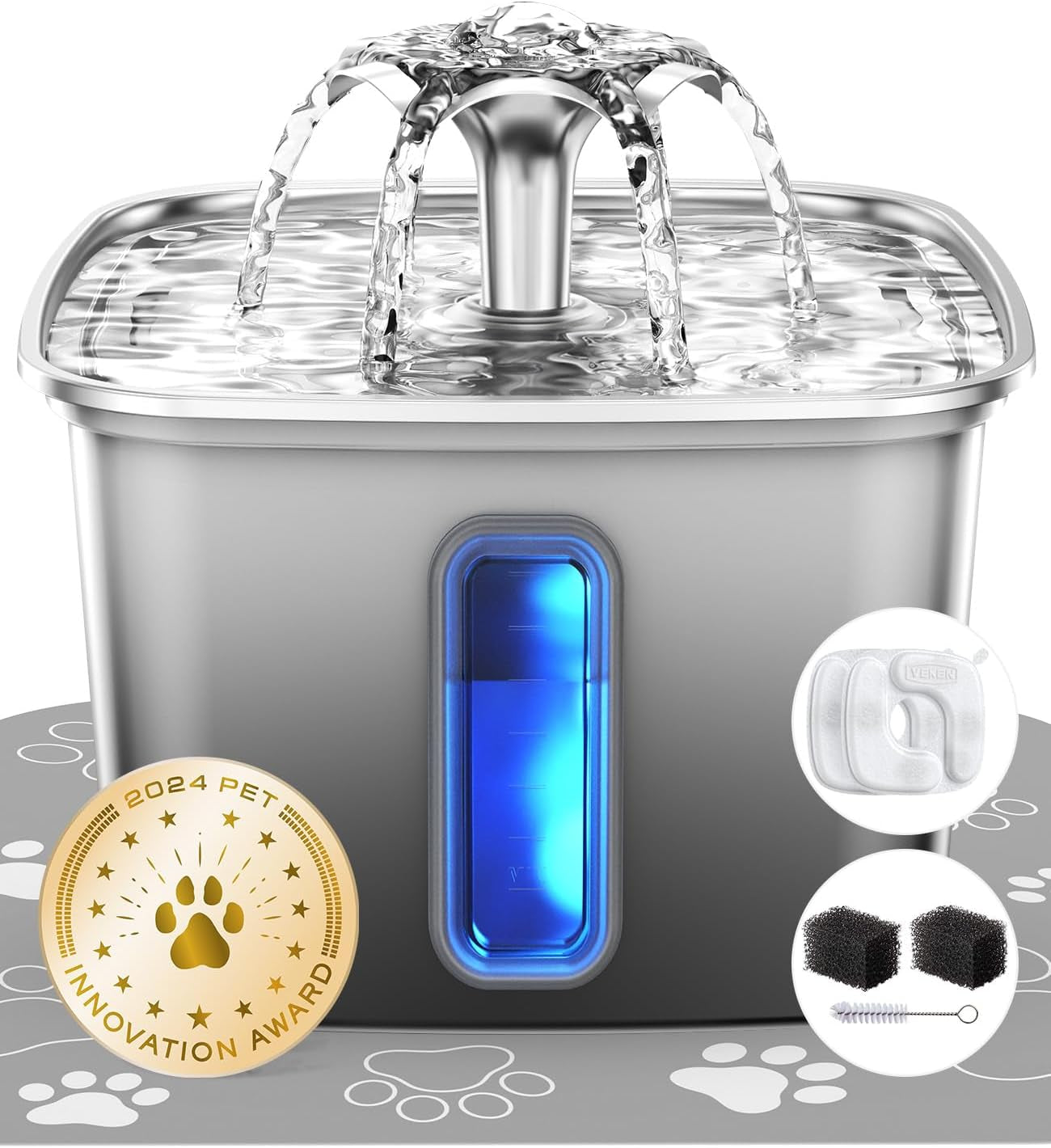 veken-innovation-award-winner-stainless-steel-cat-water-fountain-108oz-automatic-pet-fountain-dog-water-dispenser-with-3-replacement-filters-silicone-mat-gifts-for-cats-dogs-silver