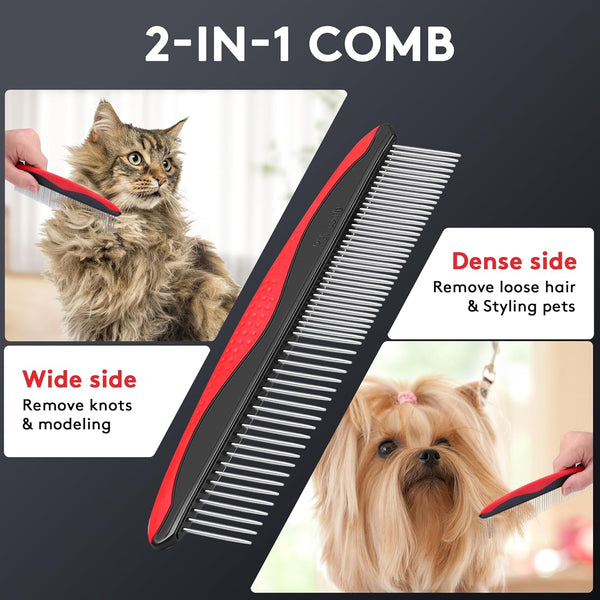 Tpotato Deshedding Dog Brush for Long Haired Dogs Cats,Undercoat Shedding Rake for Dematting Detangling Tangles Matted Fur and Knots,Metal Pet Comb,Professional Pet Grooming Supplies Tool Kit,Red3