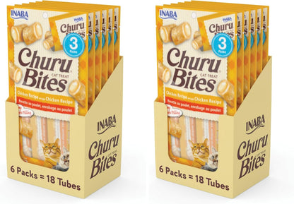 INABA Churu Bites Soft & Chewy Cat Treats, Chicken, 18Ct | Immune Support, 72% Moisture, Low Calorie, Pill-Friendly Center, Grain-Free, Preservative-Free, 18 X 0.35 Oz Tubes12