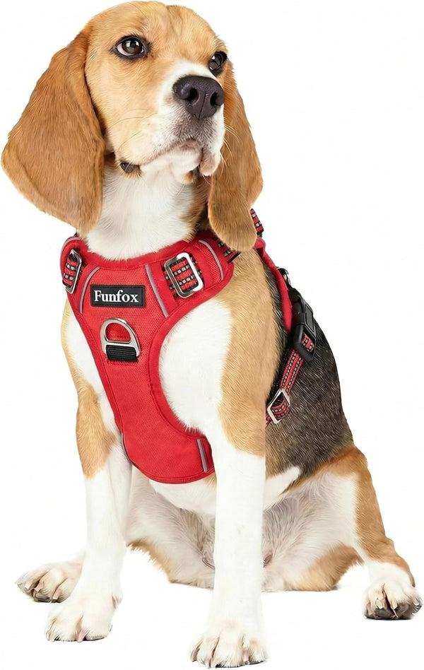 Funfox Dog Harness Medium Sized Dog, Vertical Handle Easy Control, No Pull Pet Vest Adjustable with 2 Leash Clips, Soft Material, Reflective Safe Night Walking for Small Medium Large Breed, Black, M48