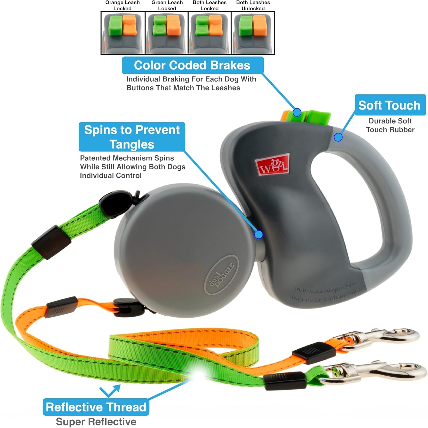wigzi-2-two-dog-reflective-retractable-pet-leash-360-degree-zero-tangle-patent-two-dogs-each-up-to-50-lbs-and-10ft-reflective-orange-and-green-leads-dual-locking