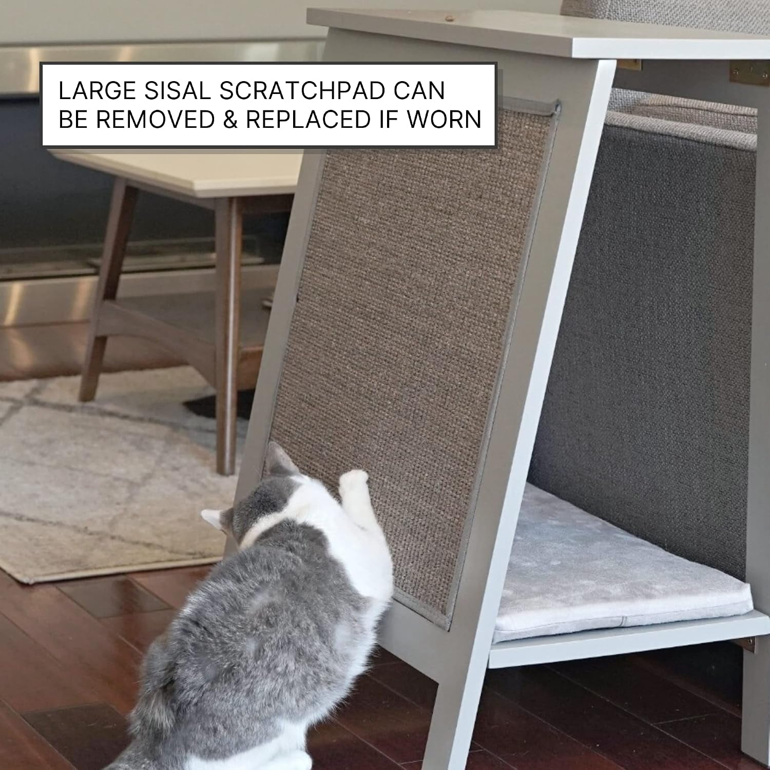 the-refined-feline-a-frame-cat-bed-cave-in-black-espresso-with-ventilated-base-multipurpose-wood-cat-furniture-table-easy-to-clean-covered-cat-bed-with-replaceable-scratching-post-washable-cushion