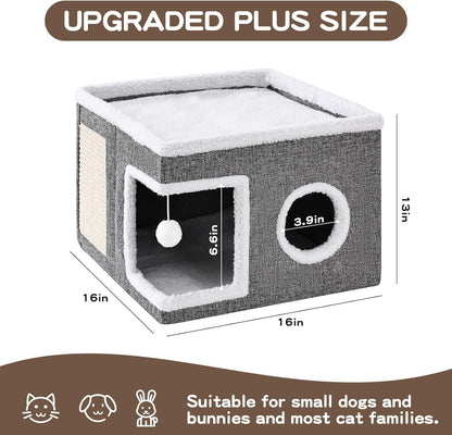 Large Cat Houses for Indoor Cats with Fluffy Ball and Scratch Pad | Foldable Cat Bed Cave for Multiple Pets, Kitten Bed for All Seasons, Non-Slip, Hold up to 30LBS, 16X16X13Inch, Grey5
