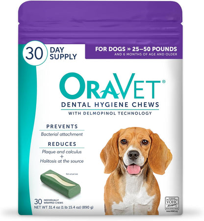 ORAVET Dental Chews for Dogs, Oral Care and Hygiene Chews (Medium Dogs, 25-50 Lbs.) Purple Pouch, 30 Count | Vohc-Accepted Dual-Action Chew Reduces Plaque & Tartar, Freshens Breath Barrier Vet-Recommended Purple Pack1