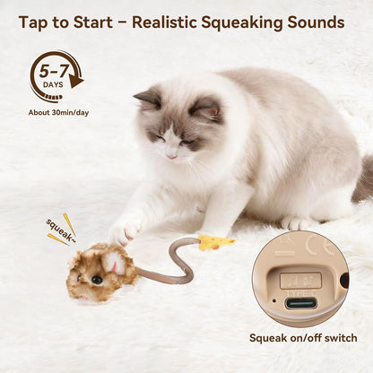 Migipaws Interactive Migimouse Cat Toy 360° Rolling & Spin with Mesh Plastic Tail for Indoor Cats Smart Motion Sensor, Realistic Squeak, Rechargeable Plush Kitten Toy(Brown Long)3