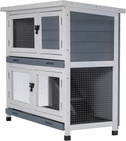 2 Story Solid Wood Rabbit/Bunny Hutch with 2 Large Main Rooms, Indoor Outdoor Rabbit House Guinea Pig Cage Pet House for Small Animals with Ventilation Door Removable Tray Waterproof Roof (Grey)1