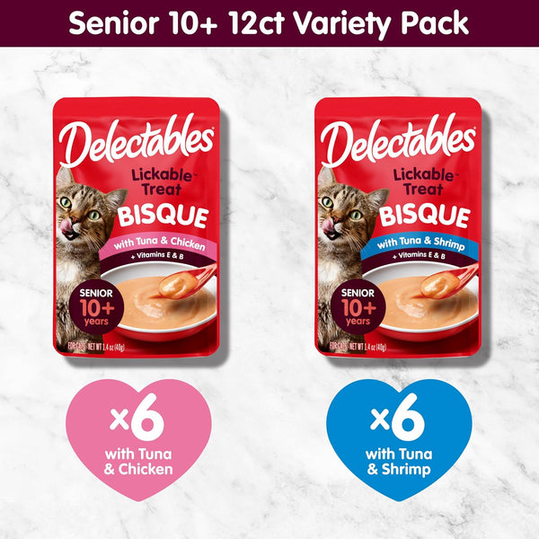 Delectables Lickable Treat Bisque Senior 10+ Wet Cat Treat Variety Pack, Food Topper, Hydrating, Grain-Free, No Fillers, No By-Products, No Added Preservatives, 1.4Oz Pouch, 12Ct6