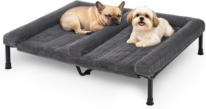 Veehoo Fluffy Plush Double Dog Couch Bed for Two Large Dogs, Washable Elevated Dog Beds with Removable Bolster Cushion, Cooling Raised Pet Cot with Breathable Mesh, No-Slip Feet, 59 X 37 Inches, Grey8