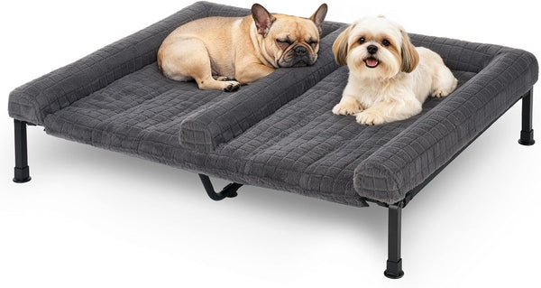Veehoo Fluffy Plush Double Dog Couch Bed for Two Large Dogs, Washable Elevated Dog Beds with Removable Bolster Cushion, Cooling Raised Pet Cot with Breathable Mesh, No-Slip Feet, 59 X 37 Inches, Grey8
