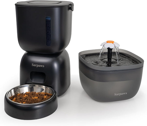 Automatic Cat Feeder and Water Dispenser FW1, Wire or Battery Cat Food Dispenser Timer Pet Feeder - Locking Lid, Desiccant Bag, Programmable Portion Control, 4 Daily Meals, 10S Voice Recorder1