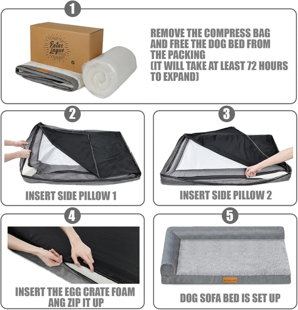Patas Lague Orthopedic Large Dog Bed Pet Sofa Beds 36''X24'' Black | L Bolster Egg-Crate Foam Dog Couch for Large Sized Dogs, Waterproof Removable Washable Cover, Pet Mat with Nonskid Bottom7