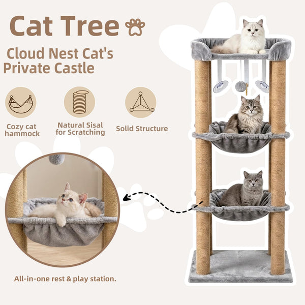 Cat Scratching Post, 4 Scratch Post, Cat Tower for Indoor Cats with Plush Cat Hammocks, Stable Cat Tree & Cat Perch, for Indoor Small Medium Large Cats (44.88'')2
