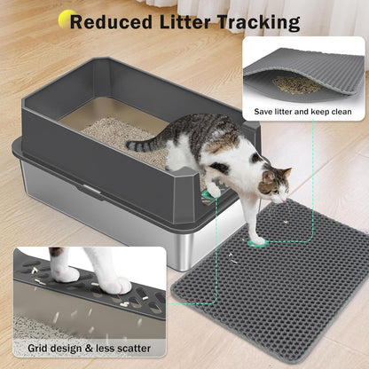Stainless Steel Litter Box, Extra Large Litter Boxes for Big Cats, Xlarge Metal Cat Litter Box with Lid, Anti-Urine Leakage XL Box with High Sides, Easy Clean, Non-Sticky, Scoop Included3