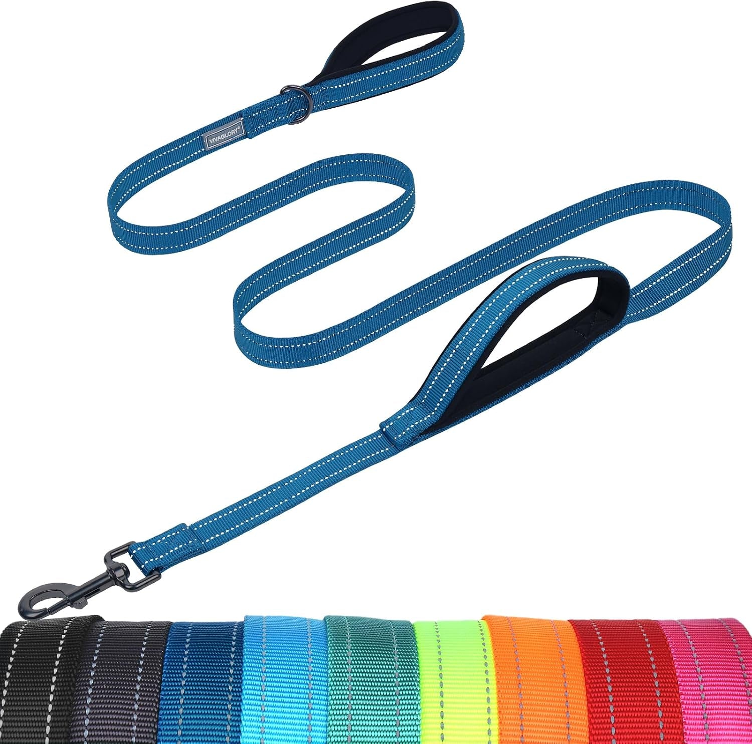 vivaglory-double-handle-dog-leash-twingrip-6ft-x-1in-navy-dog-leash-for-collar-with-traffic-handle-2-loop-for-walking-training-traffic-control-reflective-heavy-duty-puppy-pet