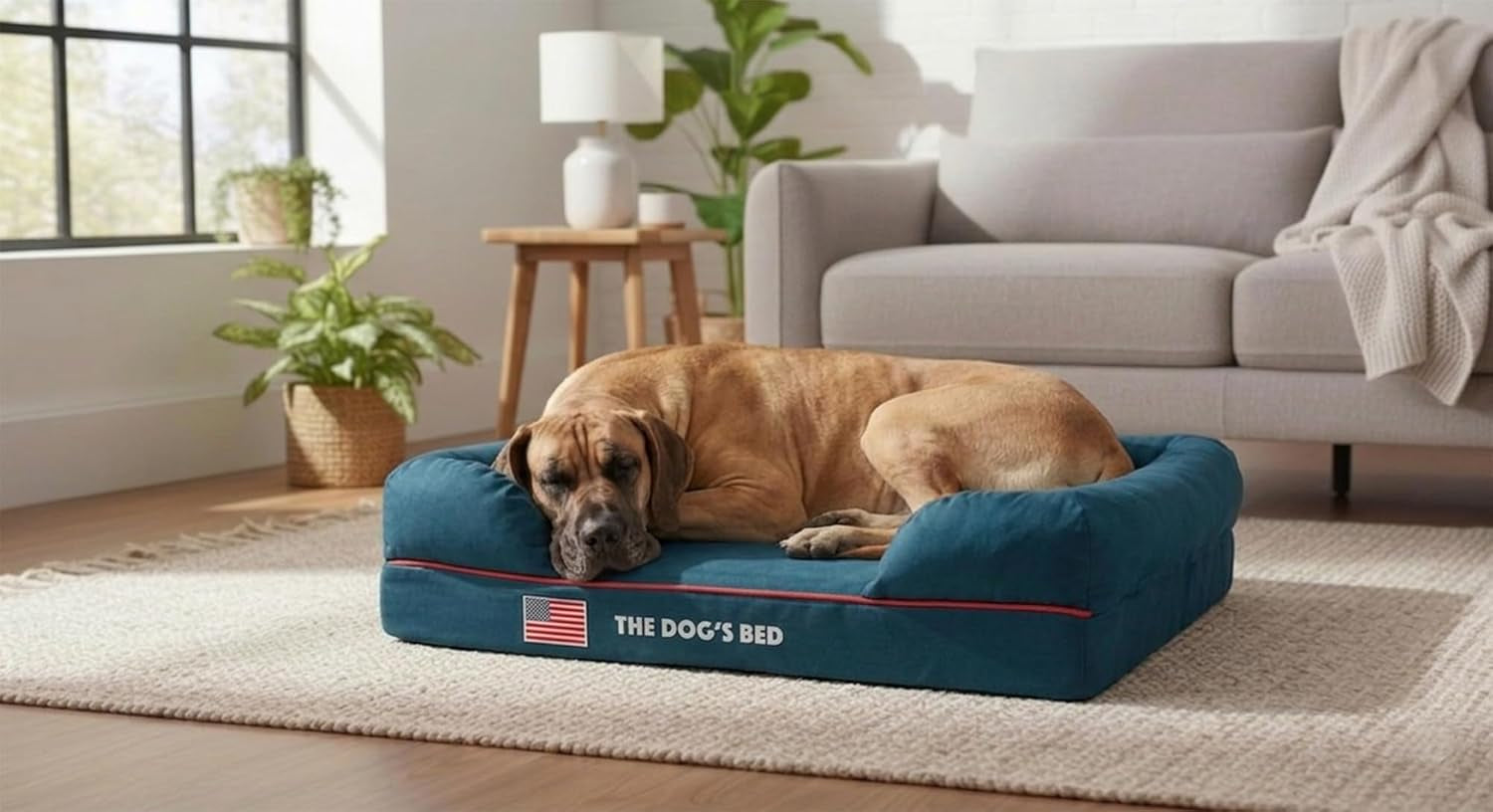 the-dog-s-bed-orthopedic-memory-foam-dog-bed-with-bolsters-for-large-dogs-high-density-support-mattress-low-front-entry-removable-washable-cover-oxford-fabric-blue-with-dark-red-trim-large