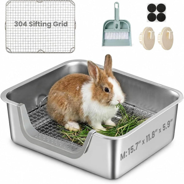 Rabbit Litter Box, Extra Large Bunny Litter Box with 304 Stainless Steel Sifting Grid, Safe Plastic-Covered Entry Edge & Hooks, Easy to Clean and Odor Control (15.7" × 11.8" × 5.9")1