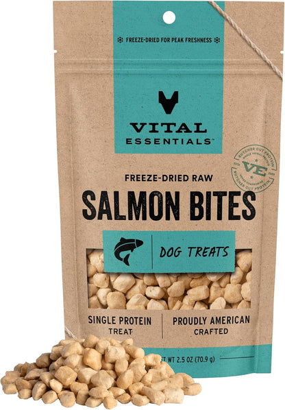 Vital Essentials Freeze Dried Dog Treats, Salmon Bites, 2.5 Oz Bag | Single Animal Protein, Premium Quality, Grain-Free Training Treats, USA Made with U.S. & Globally Sourced Ingredients1