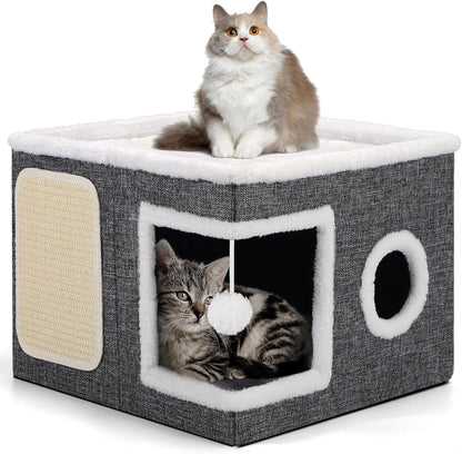 Shikha Cat House Bed for Indoor Cats with Fluffy Ball and Scratch Pad Grey | Foldable Large Cat Cave Hideaway with Cozy Condo, Hide and Seek Window, Holds up to 30LBS, All Season Reversible Cushion1