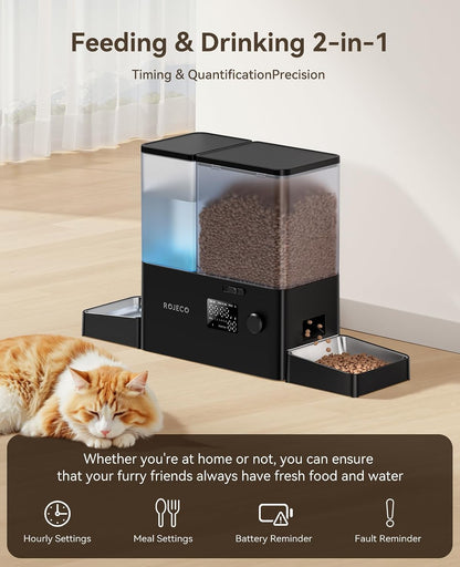 Rojeco 36Cups/8.5L Pet Automatic Cat Feeder and Gravity Water Dispenser,Stainless Steel Bowls 2-In-1 Set Large Capacity 5L Food Feeder and 3.5L Water Fountain for Cats,Pets,Small Dogs,Black2