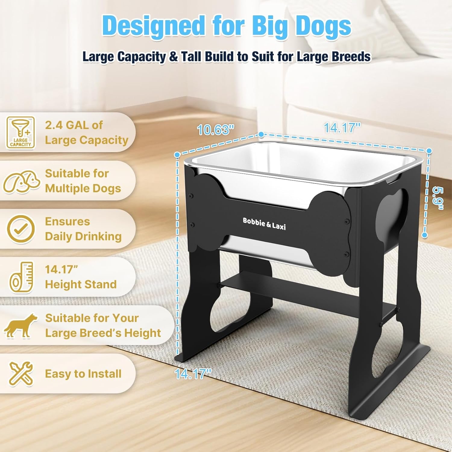 bobbie-laxi-14-elevated-dog-water-bowl-2-4-gal-stainless-steel-bowl-reduces-neck-joint-strain-for-large-or-senior-dogs-rust-resistant-steel-bowl-iron-stand
