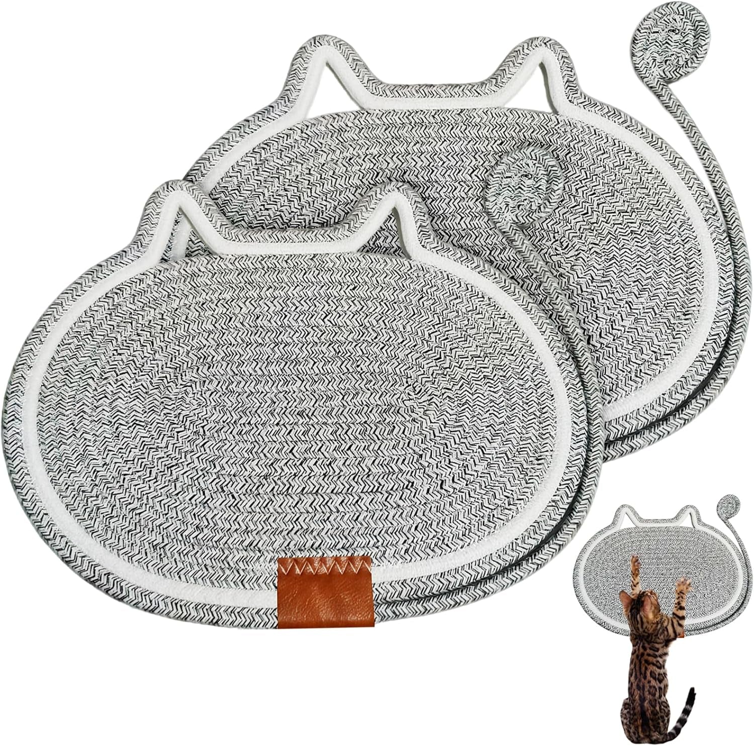2-pc-cat-scratcher-mat-natural-cotton-rope-oval-horizontal-scratch-pad-11x13-7-with-dangling-ball-toy-cat-ear-design-furniture-protector-for-floor-wall-durable-handmade-balck-2-pc