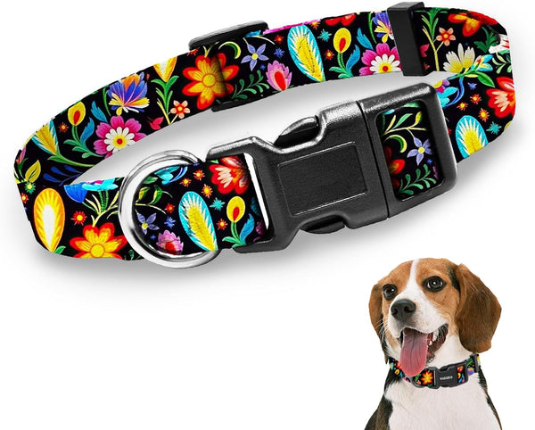 Kazazoo Dog Collar Cute and Soft Nylon Puppy Collar Girl Dogs, Adjustable Purple Dog Collars for Medium Dogs, Purple Flowers-M20