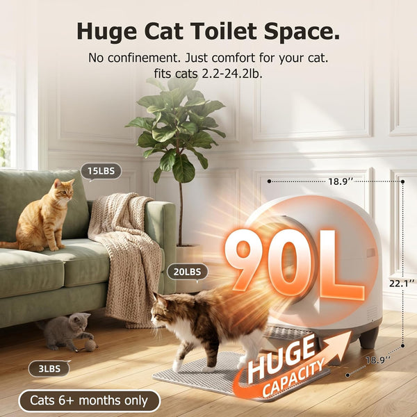 WARCAT Enclosed Self-Cleaning Litter Box – APP Control, 90L, Gray | 90L Large Capacity for Multi-Cat Homes. App-Controlled with Smart Sensors. Anti-Leakage & Safety Protection. Bags Included.2