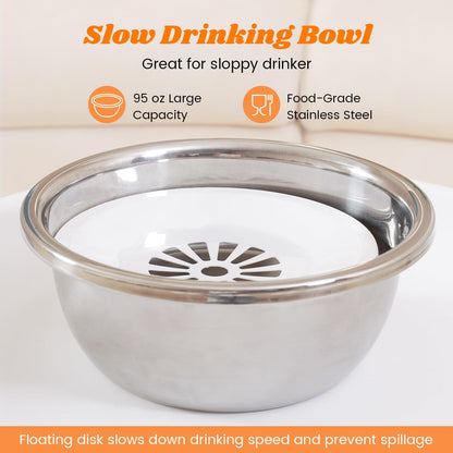 Pawque Raised 95Oz Slow Drinking Dog Water Bowl No Spill Medium Large Breed | Single Elevated Stainless Steel Water Bowl with Floating Disc, Stable Sturdy Base and Snap on Adjustable Height Stand3