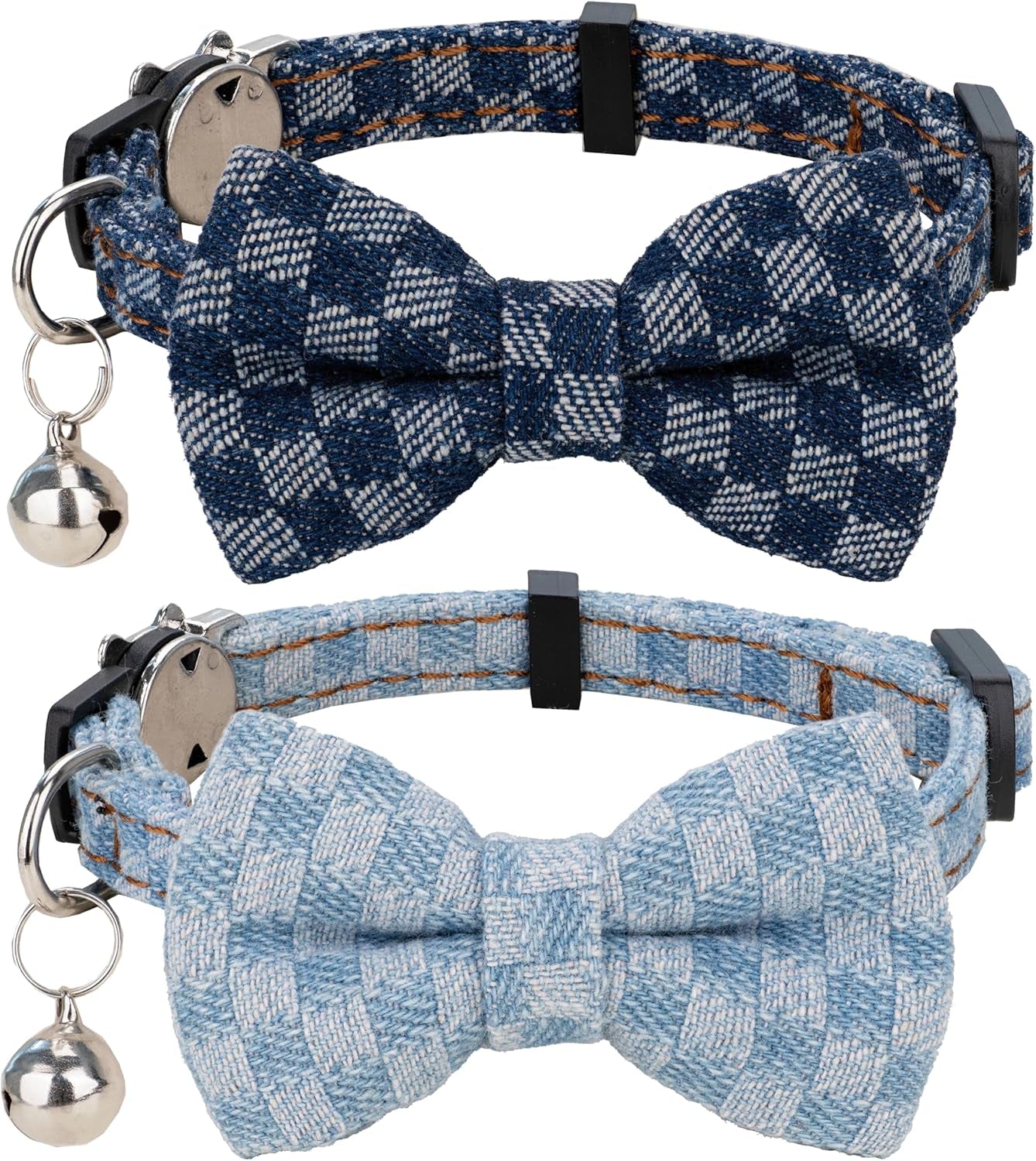 cat-collar-breakaway-bowtie-safety-with-bell-adjustbale-kitten-puppy-solid-plaid-color-set-d-2pcs-pink-2