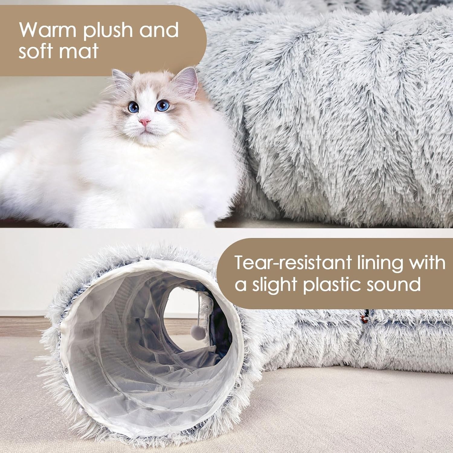 baseola-fuzzy-cat-tunnel-bed-for-indoor-cats-2-in-1-interactive-cat-toys-peekaboo-cat-cave-with-washable-mat-collapsible-cat-play-tunnel-for-kittens-small-pets-plush-cat-donut-bed-tunnel-grey